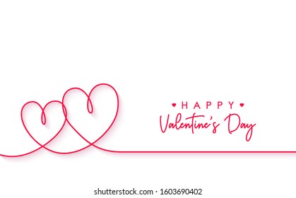 Happy valentine's day calligraphy lettering with continuous line art drawing two hearts vector on white background.