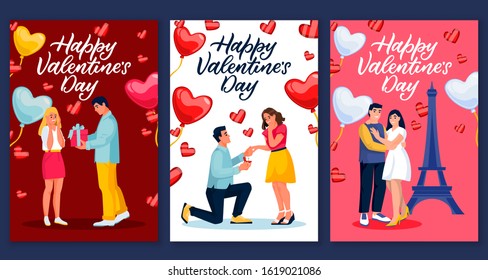 Happy Valentines Day calligraphy lettering greeting gift cards or postcards. Vector illustration of love and romantic couples with heart balloons. Seasonal poster or banner design template set