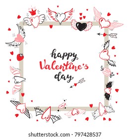 Happy Valentine's day calligraphy lettering. Square Frame of Hearts with Wings for Valentines Day or Wedding greeting cards. Love Vector Set. Beautiful Doodle Heart tattoo. Hand drawn illustration