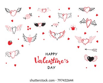 Happy Valentine's day calligraphy lettering.  Hearts with Wings for Valentines Day or Wedding greeting cards. Love Vector Set. Beautiful Doodle Heart tattoo. Hand drawn illustration