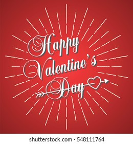 happy valentine's day calligraphy with light rays vector illustration banner design on red background