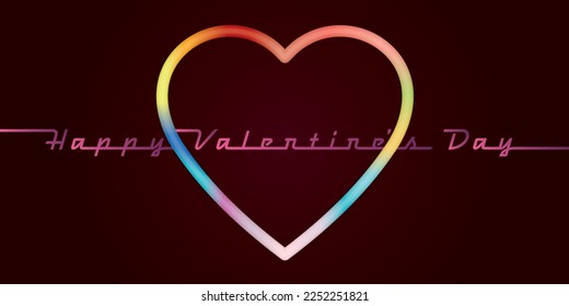 Happy Valentine's Day calligraphy with rainbows heart frame on dark background.