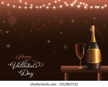 Happy Valentine's Day Calligraphy With Realistic Champagne Bottle, Glass And Lighting Garland Decorated On Brown Background.