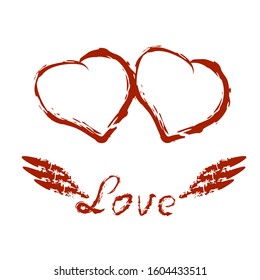 Happy Valentine's Day. Calligraphy style word love with wings. Red hearts on a white background. Postcard, greeting, invitation, wedding. Font and art brushes vector illustration