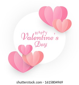 Happy Valentine's Day Calligraphy Text on White Circular Shape Decorated Red and Pink Origami Paper Hearts.