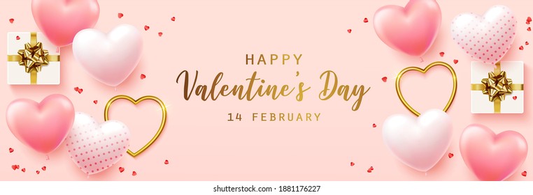 Happy Valentine's Day with calligraphy text. Horizontal banner for the website. Romantic background with realistic design elements, gift box, metal hearts, balloons in the shape of heart, strewn with 