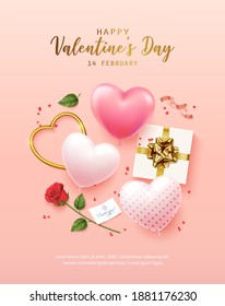 Happy Valentine's Day with calligraphy text. Banner, flyer, poster, greeting card with realistic design elements, gift box, metal hearts, balloons in the shape of heart, strewn with confetti. Romantic