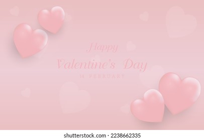 Happy Valentine's Day with calligraphy text. Horizontal banner for the website. Romantic background with realistic design elements, gift box, metal hearts, balloons in the shape of heart.