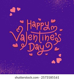 Happy Valentine's Day Calligraphy Text with Hearts on Purple Background.