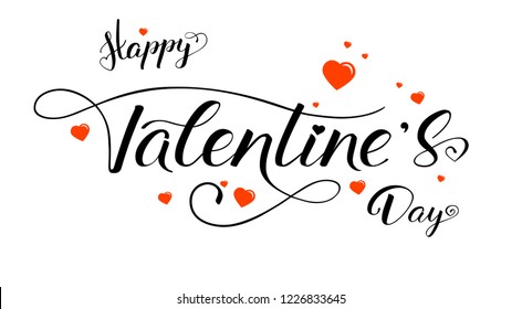 Happy Valentines day, calligraphy in vintage style. Red heart and hand drawn brush pen text lettering on white background. Template for holiday greeting, invitation, wedding cards. Vector illustration