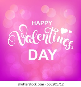 Happy Valentines day callygraphy on pink background. Text for greeting card with white font. Vector Illustration.