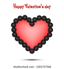 Happy Valentines Day. Car wheel laid out in the shape of the heart on isolated background. Design pattern for greeting card, banner, poster, flyer,  invitation party. Vector illustration