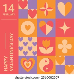 Happy Valentines Day Card, 14 February. Trendy Geometric Design of Simple Shapes and Hearts. Vector Editable Template for Social Media Posts, Banners, Posters