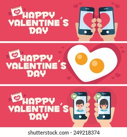 Happy Valentines day card. 3 banner for Valentines Day promotion. Toast, fried egg and mobiles