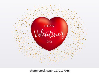 Happy Valentine's Day card with 3d heart and golden confetti.