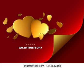 Happy Valentine's Day card with 3d golden metallic hearts. Paper with curled corner, red background. Realistic decorative elements. Vector.