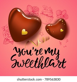 Happy Valentines Day card with 3D chocolate hearts and vintage sketches elements. Cake and flowers. Pink romantic vector background. Handwritten inscription. Modern brush calligraphy.