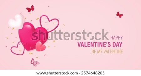 Happy Valentines Day card with 3d realistic heart, gift box, rainbow and cloud. 