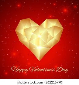 Happy Valentine's Day card with abstract triangle art. Golden glowing heart as a gift.