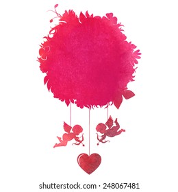 Happy Valentine's Day card with angels for your design.watercolor floral background with hearts and angels