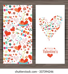 Happy valentine's day card. Background with flowers and hearts. Seamless pattern is masked.  Wood plank vector background is in the separate layer.