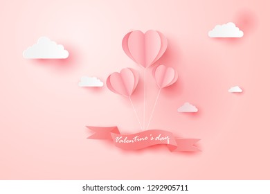 Happy Valentines Day card with Balloon float the sky,Paper art style.