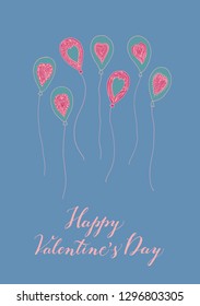 Happy Valentine's Day card with balloons, hearts and lettering