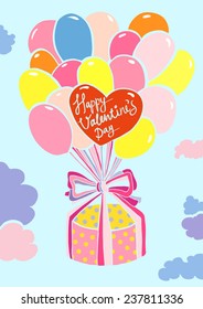 Happy Valentine's Day card with balloons and gift box