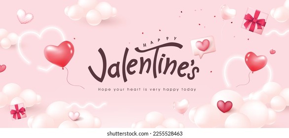 Happy Valentines day card or banner background with Heart Shaped Balloons and text design on pink sky