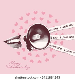 Happy Valentine's day card or banner. Halftone Women's lips confess their love through a megaphone, loudspeaker with pink hearts. Collage with cut out symbols of Valentine's day. Vector illustration