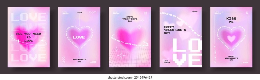 Happy Valentine's Day card, banner, poster, cover set in trendy y2k aesthetic. Modern design template with gradient in pale pink yellow, purple vibrant colors and typography