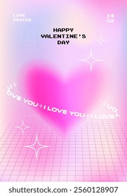 Happy Valentine's Day card, banner, poster, cover in trendy y2k aesthetic. Modern design template with gradient in pale pink, purple vibrant colors and typography
