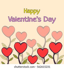 Happy Valentine's Day card, banner, love confession, wedding invitation. Flowers with bud of hearts on yellow background. Hand drawing, cartoon painted. Vector illustration in children's drawing style