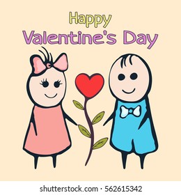 Happy Valentine's Day card, banner, poster, love confession. Cartoon painted lovers boy and girl with a flower bud of the heart. Hand drawing. Vector illustration in children's drawing style