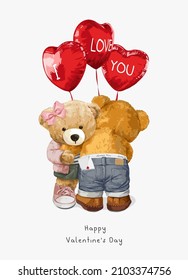 happy valentines day card with bear doll couple hugging with red balloons vector illustration