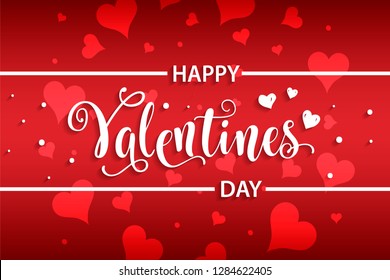 Happy Valentines Day card. Beautiful lettering calligraphy white text with a shadow typography poster. Calligraphy inscription hearts boke blurred on a red pink background. Vector illustration EPS 10.