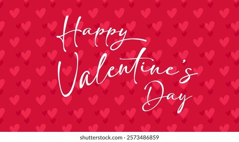 Happy Valentines Day card. Beautiful lettering calligraphy white text poster. Calligraphy inscription hearts seamless pattern on a red pink background. 