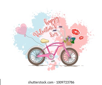 Happy Valentine's Day Card. Bicycle with heart shaped balloon and a basket full of flowers, Romantic design for t-shirts, posters, greeting cards etc.
