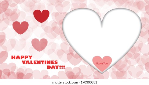 Happy Valentines Day Card with Big White Heart, Small Red Heart and I Love You Text in it. Full eps10 vector with shadows.