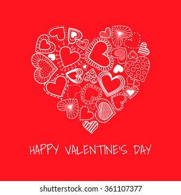 Happy Valentine's Day card. Big heart consist from doodle hearts. Elements in heart shape.Vector illustration.