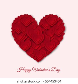 Happy Valentines day  card with  big red  paper heart.  Vector  illustration for  party invitation  flyer, banners,  greeting postcard, save the date card templates.