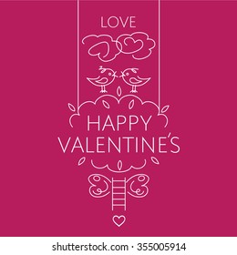 Happy valentine's day card. Birds on the crown of a tree, kiss the clouds; staircase. Valentine's label.