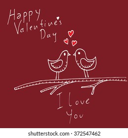 Happy Valentine's Day card with birds and hand writing elements. Hand drawn vector illustration