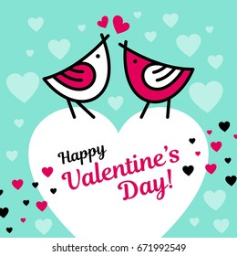 Happy Valentines day card with birds and vector background pattern colorful heart
