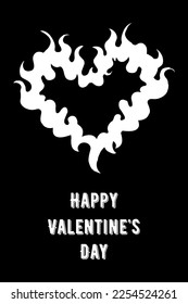Happy Valentine's Day card. Black greeting card, banner or background with white fire heart in gothic style. Vector EPS 10