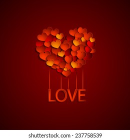 Happy valentines day card, border design. Big red heart of many little ones. Inscription love