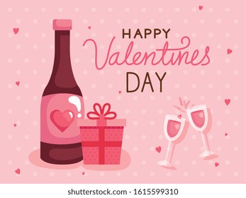 Happy Valentines Day Card With Bottle Wine And Decoration Vector Illustration Design