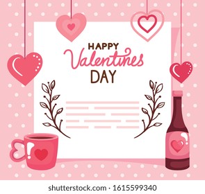 Happy Valentines Day Card With Bottle Wine And Decoration Vector Illustration Design