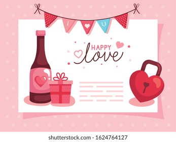 happy valentines day card with bottle wine and decoration