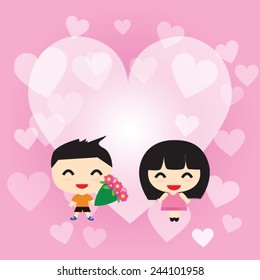 Happy Valentine's Day card. Boy and girl with flowers on background of pink heart
